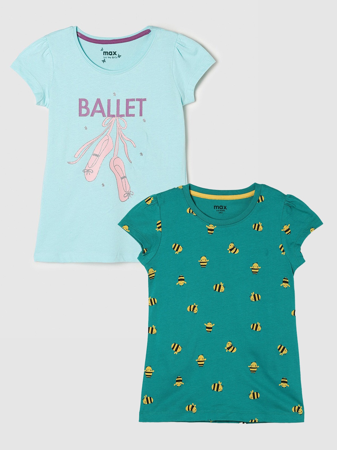 

max Girls Pack Of 2 Printed Pure Cotton Casual T-Shirt, Green