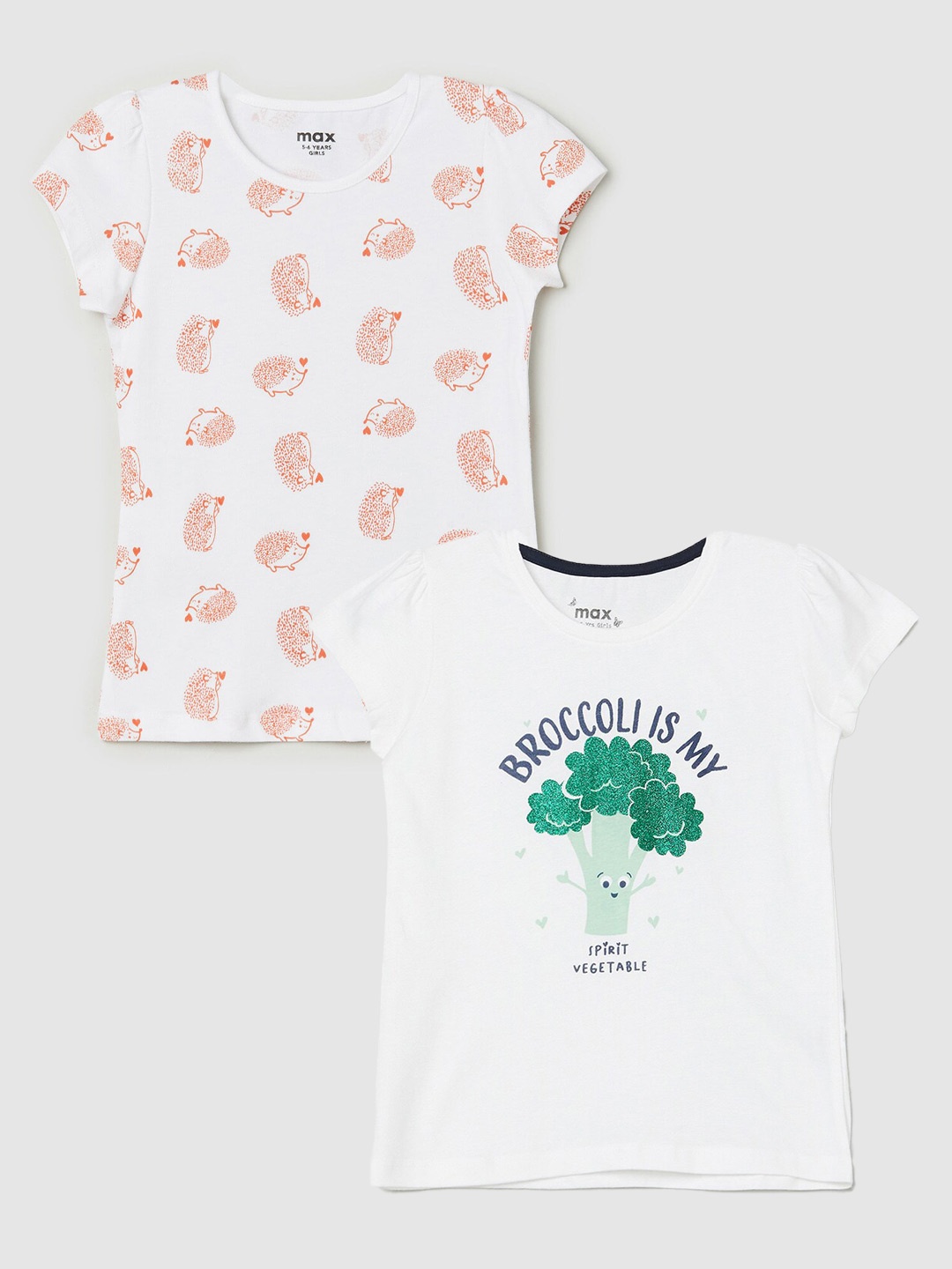 

max Girls Pack Of 2 Printed Pure Cotton Casual T-Shirt, White