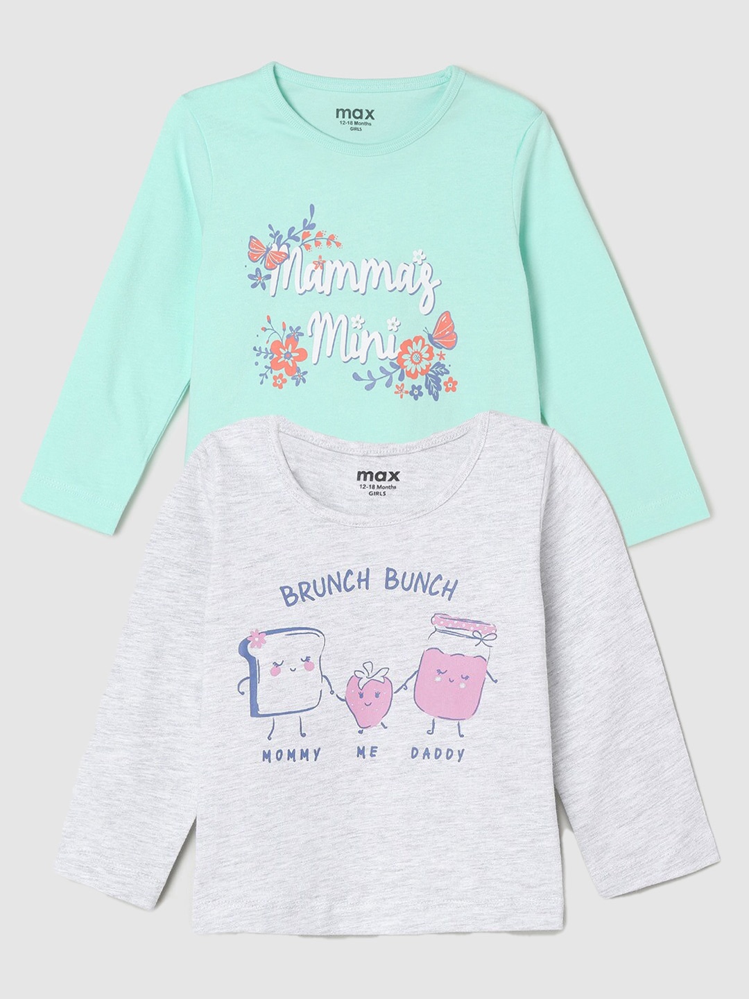 

max Girls Pack Of 2 Printed Pure Cotton Casual T-Shirt, Grey