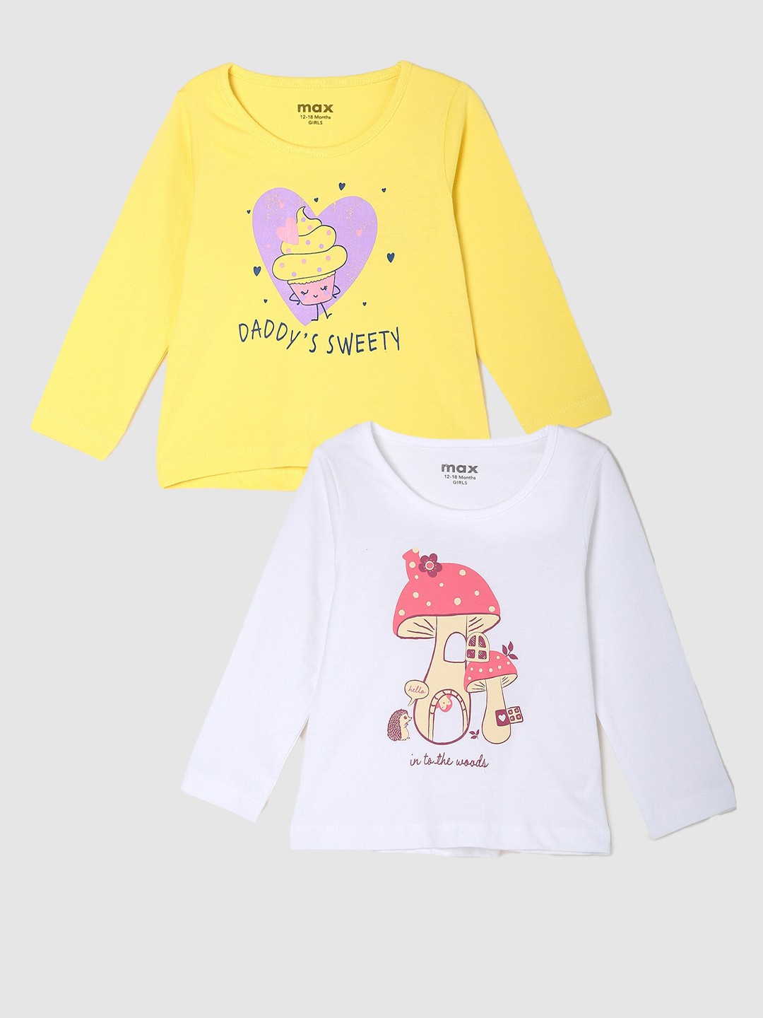 

max Girls Pack Of 2 Printed Pure Cotton Casual T-Shirt, White