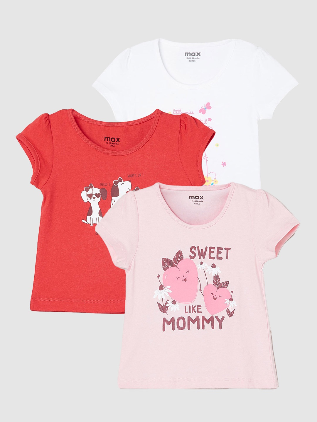 

max Girls Pack Of 3 Printed Pure Cotton Casual T-Shirt, Pink