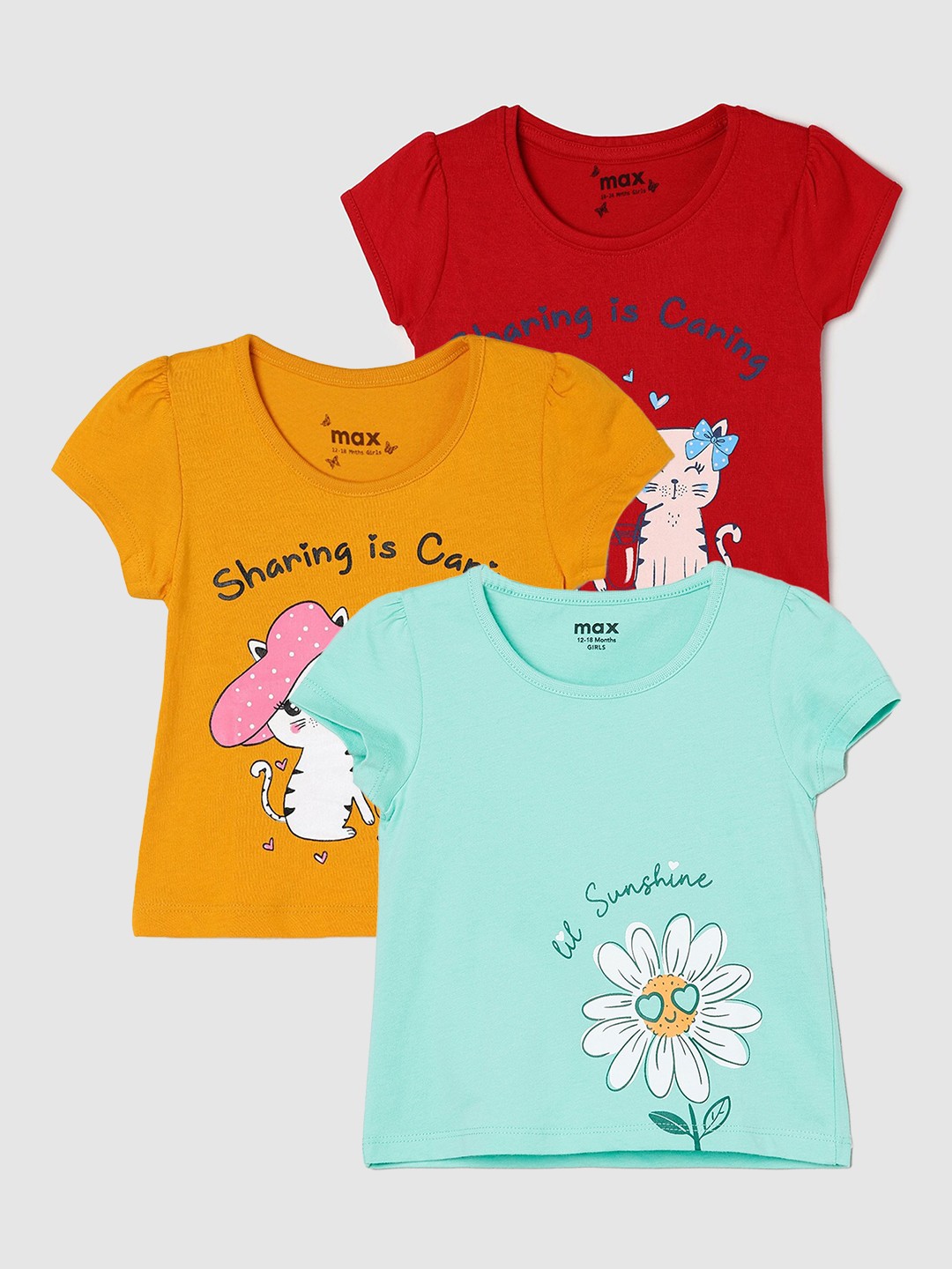 

max Girls Pack Of 3 Printed Cotton Casual T-Shirt, Turquoise blue