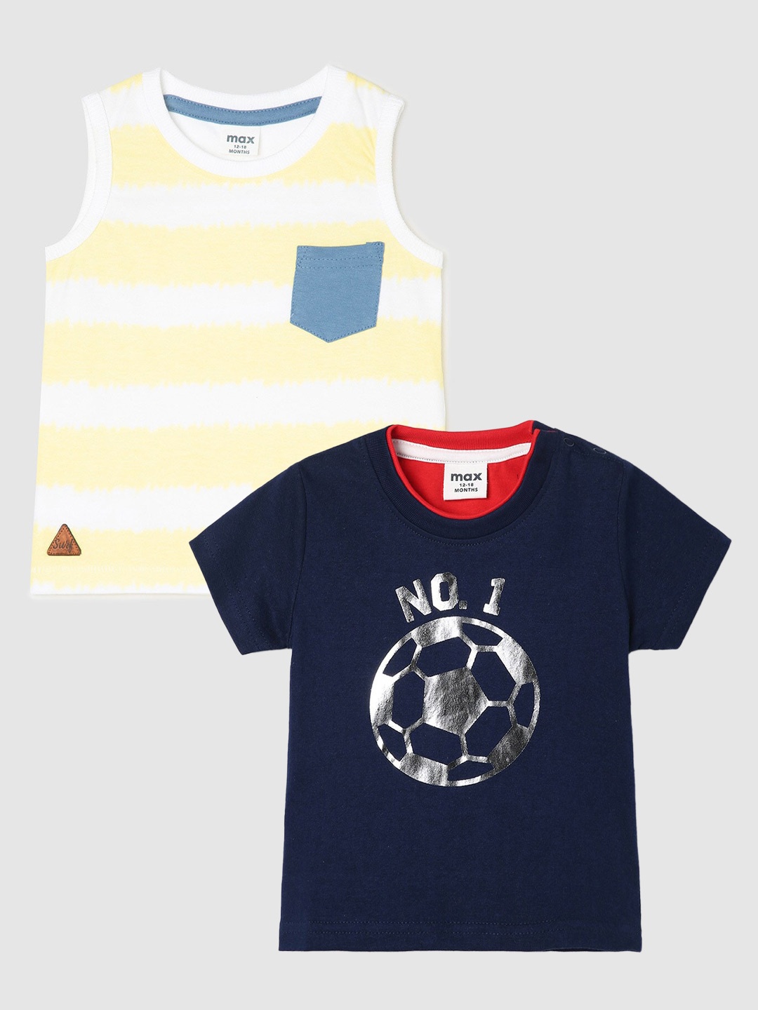 

max Boys Pack Of 2 Printed Pure Cotton Casual T-Shirt, Navy blue