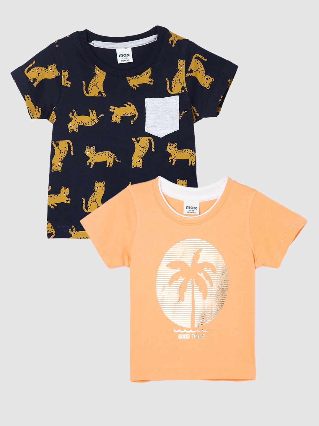 

max Boys Pack Of 2 Printed Pure Cotton Casual T-Shirt, Peach