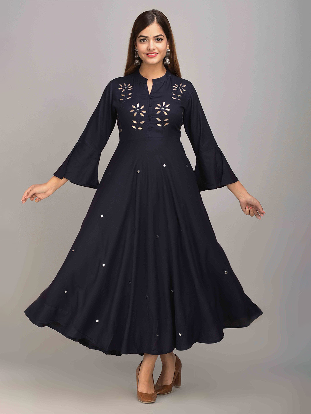 

JAIPUR FASHION MODE Floral Embellished Mandarin Collar Bell Sleeves Mirror Work Maxi Dress, Navy blue