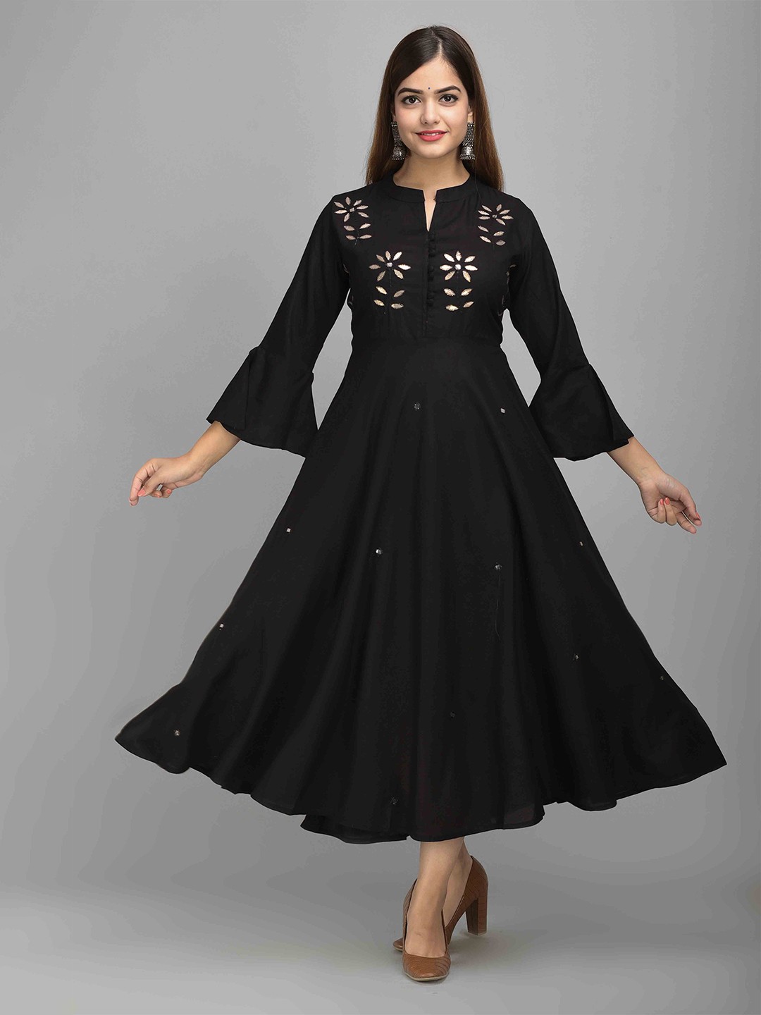

JAIPUR FASHION MODE Floral Embellished Mandarin Collar Bell Sleeves Mirror Work Maxi Dress, Black