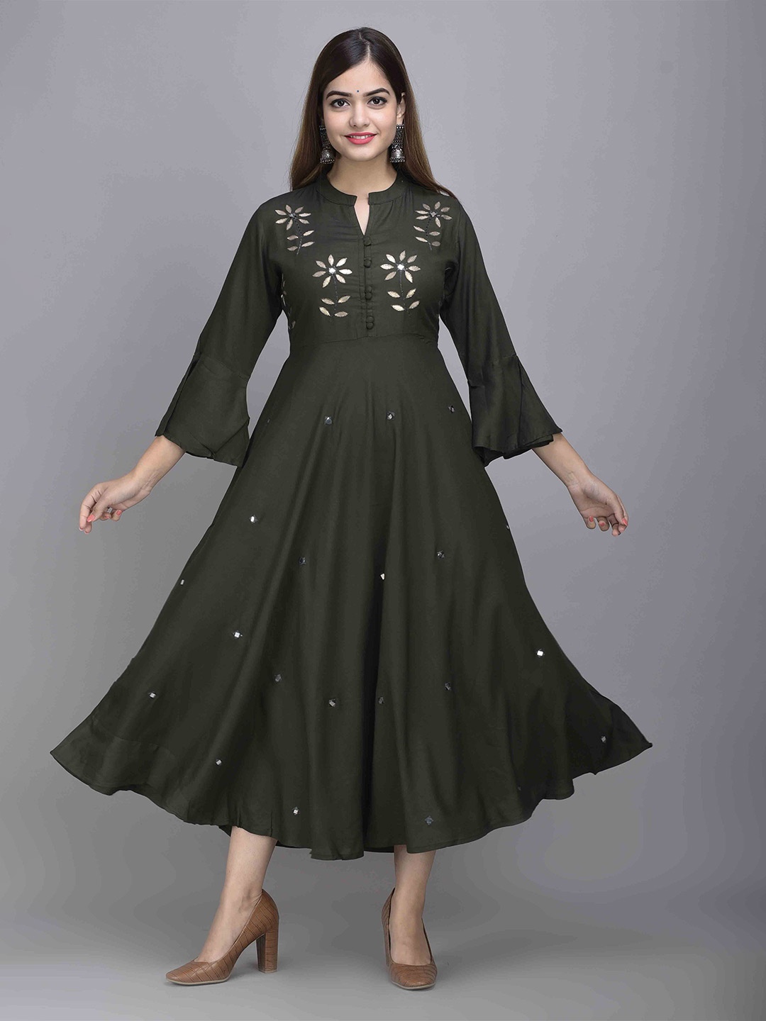 

JAIPUR FASHION MODE Floral Embellished Mandarin Collar Bell Sleeves Mirror Work Maxi Dress, Green