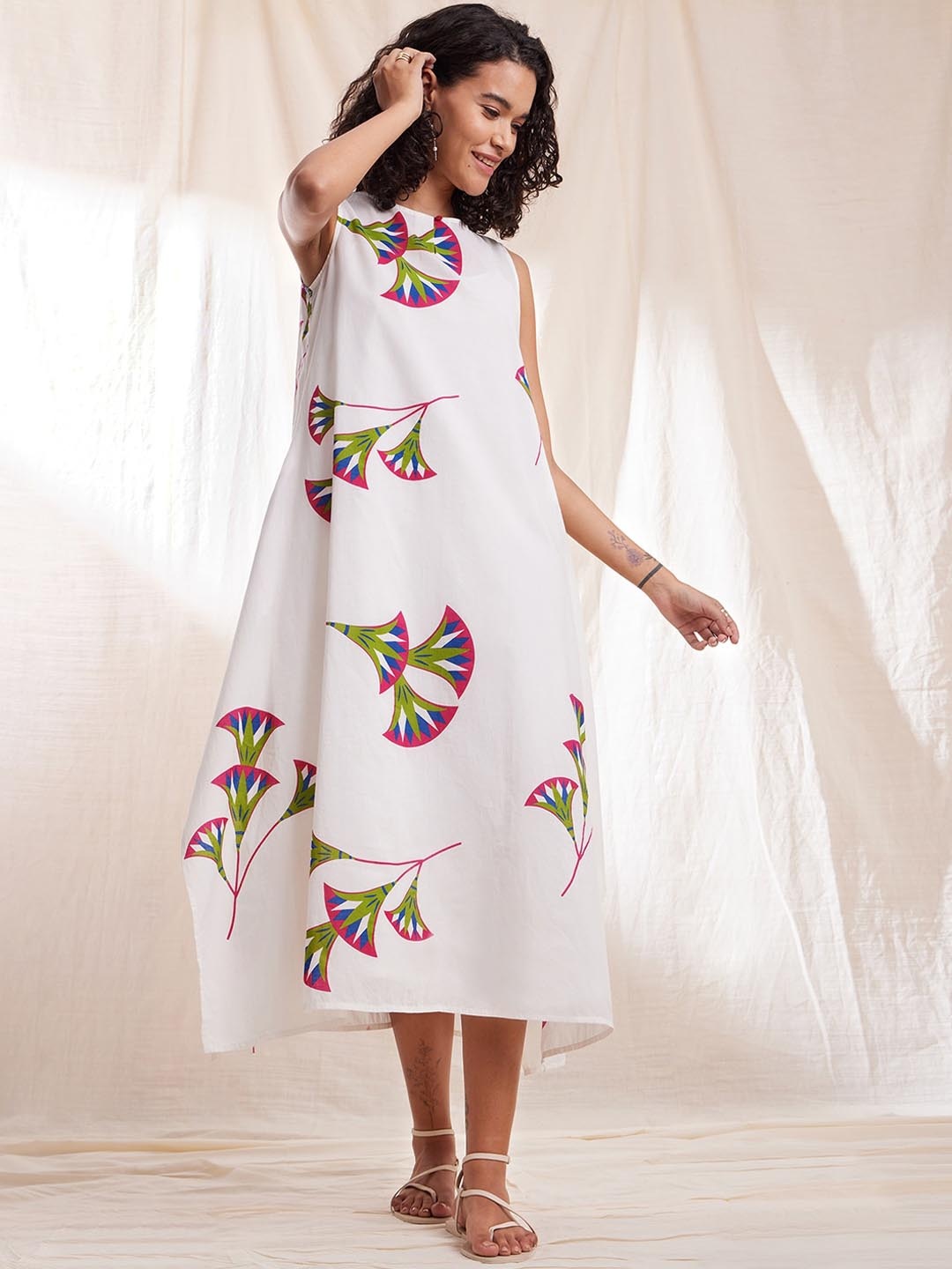 

Pink Fort Floral Printed A-Line Cotton Dress, White