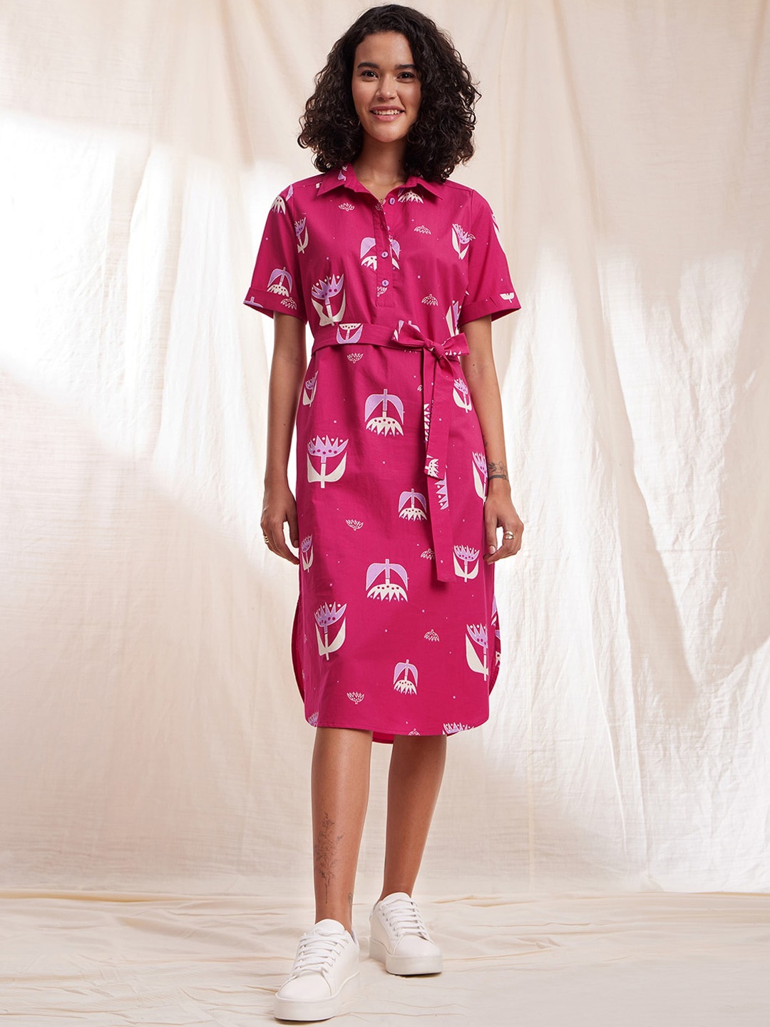 

Pink Fort Printed Cotton Ethnic Dress With Belt