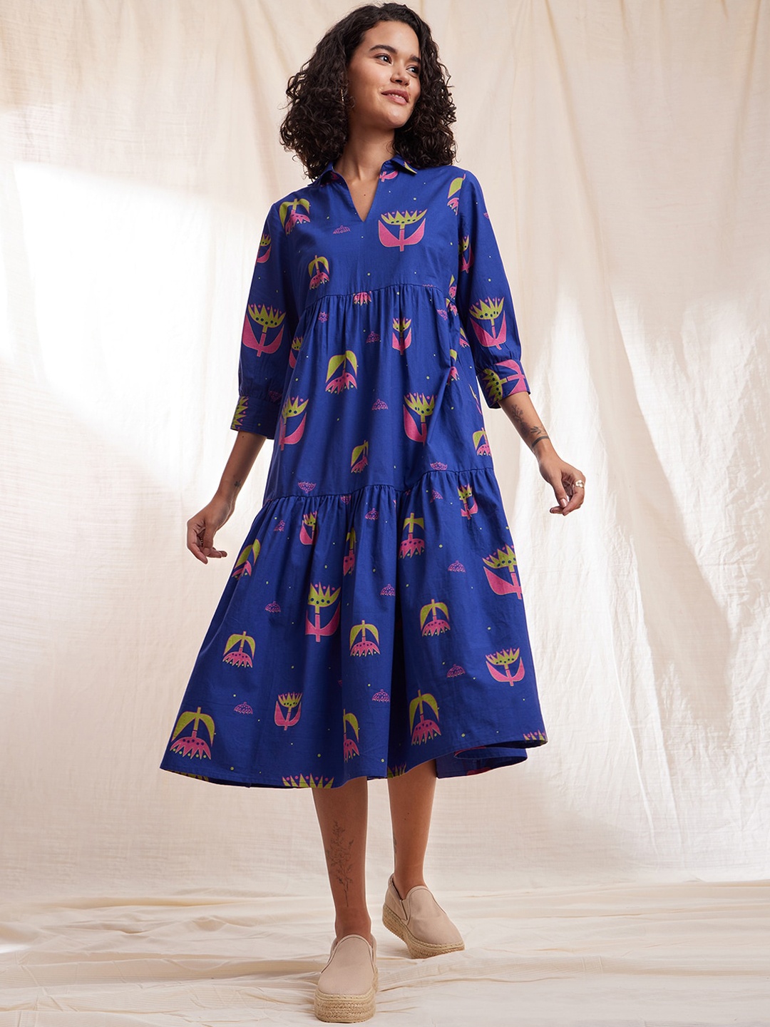 Pink Fort Floral Printed A Line Cotton Shirt Collar Dress, Blue