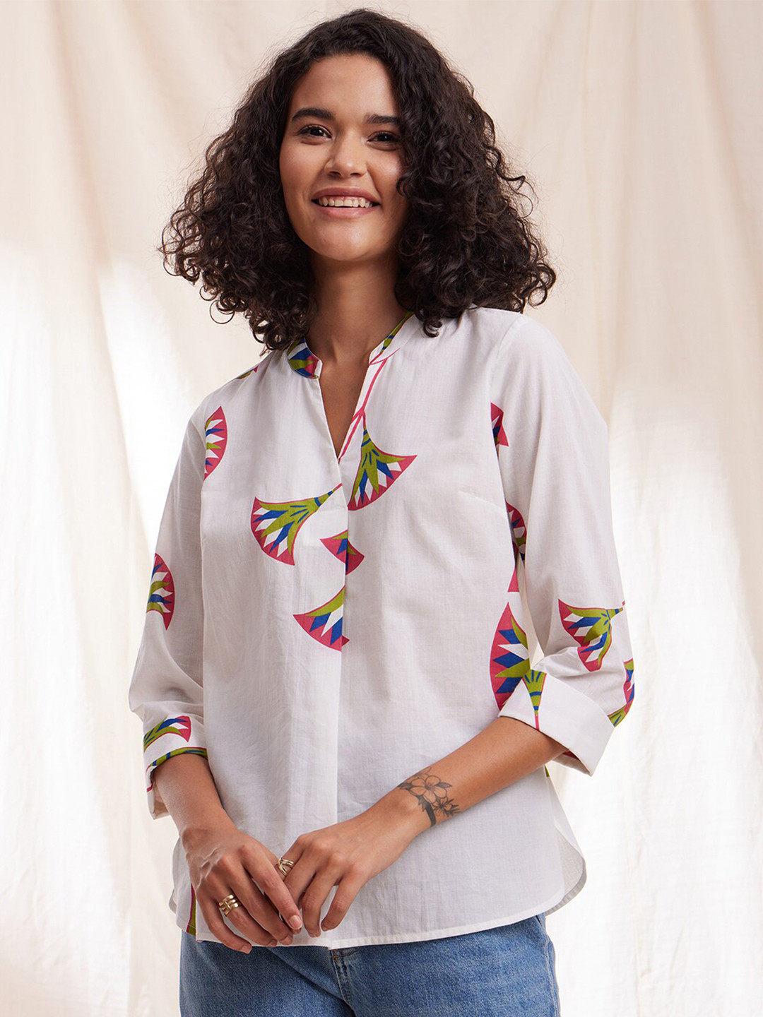 

Pink Fort Floral Printed Mandarin Collar Pure Cotton Shirt Style Top, White
