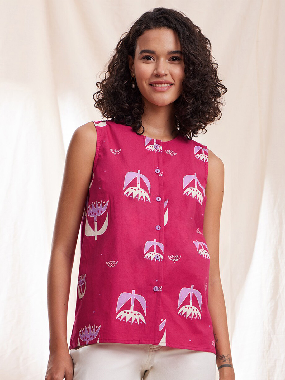 

Pink Fort Floral Printed Pure Cotton Regular Top