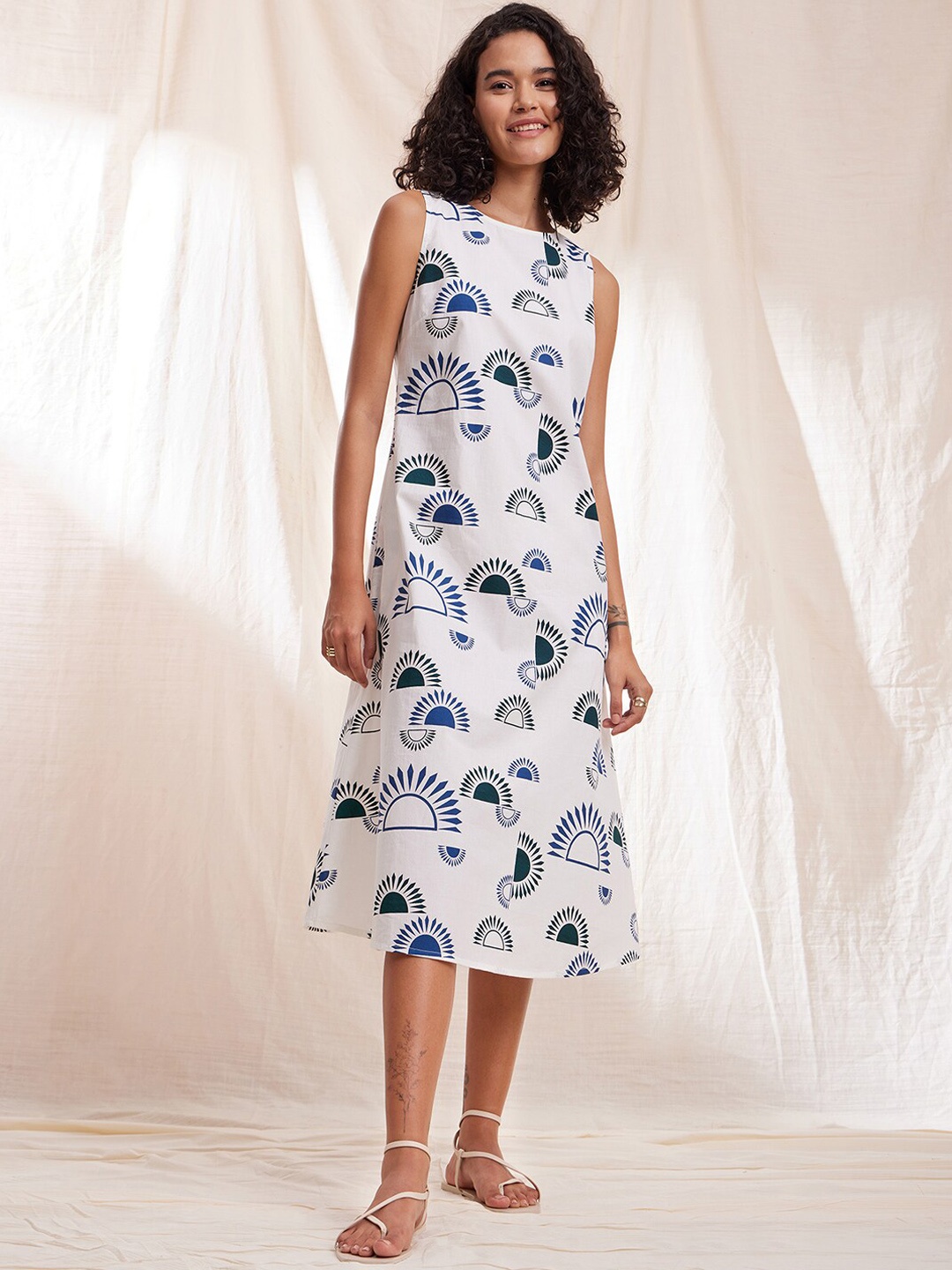

Pink Fort Geometric Printed Cotton A-Line Midi Ethnic Dress, White