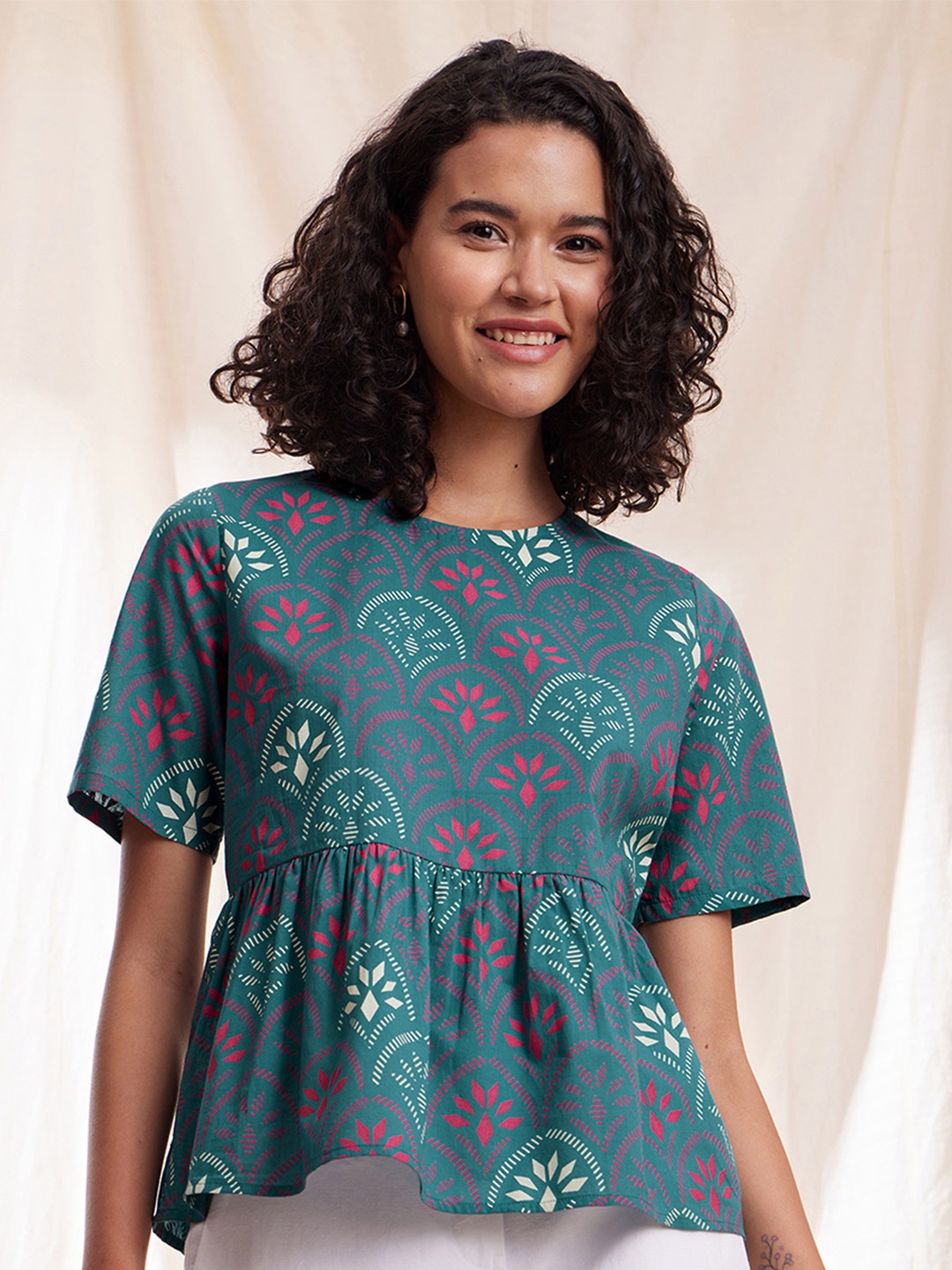 

Pink Fort Floral Printed Pure Cotton A-Line Top, Teal