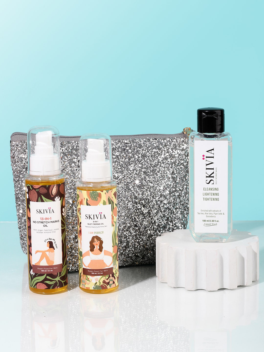 

SKIVIA Set Of 4 Bust Firming Oil - No Stretch Mark Oil & Daily Intimate Wash With Pouch, Transparent