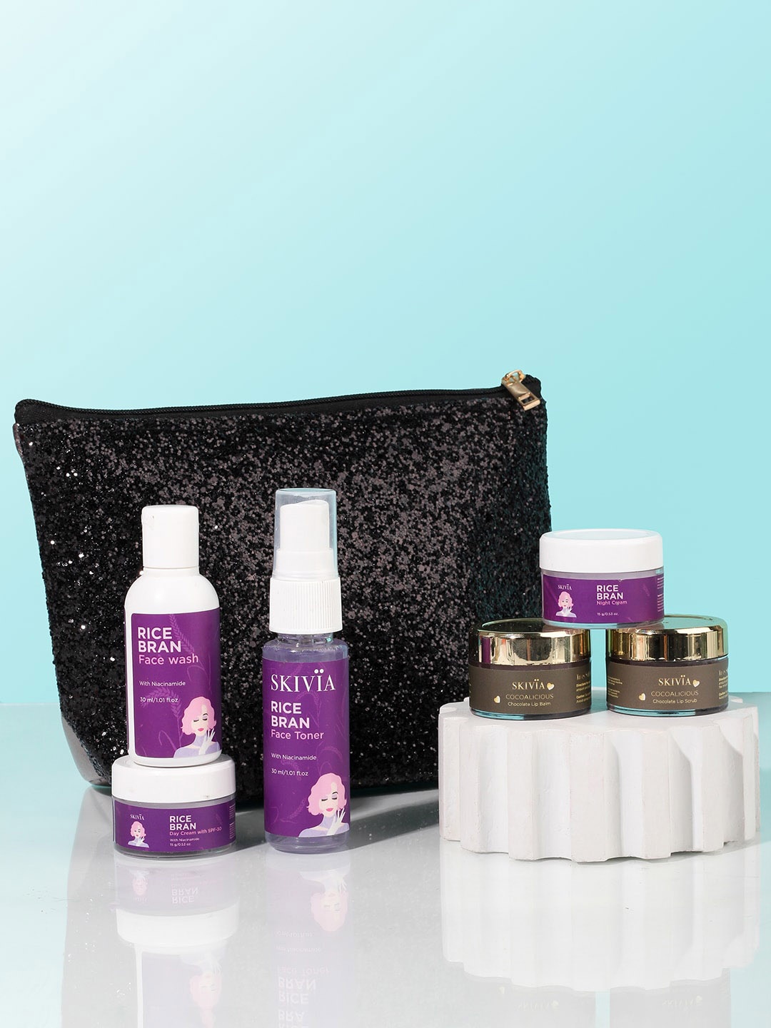 SKIVIA Set Of 6 Rice & Cocoalicious Skin Care Gift Set With Pouch, Transparent