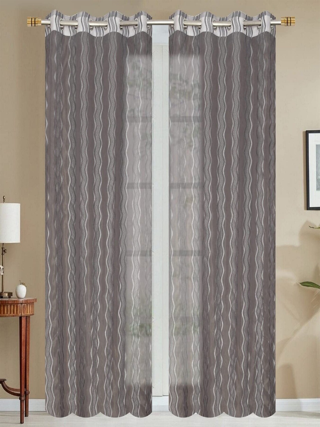 Homefab India Wavenet Grey 2 Pieces Striped Sheer Window Curtains