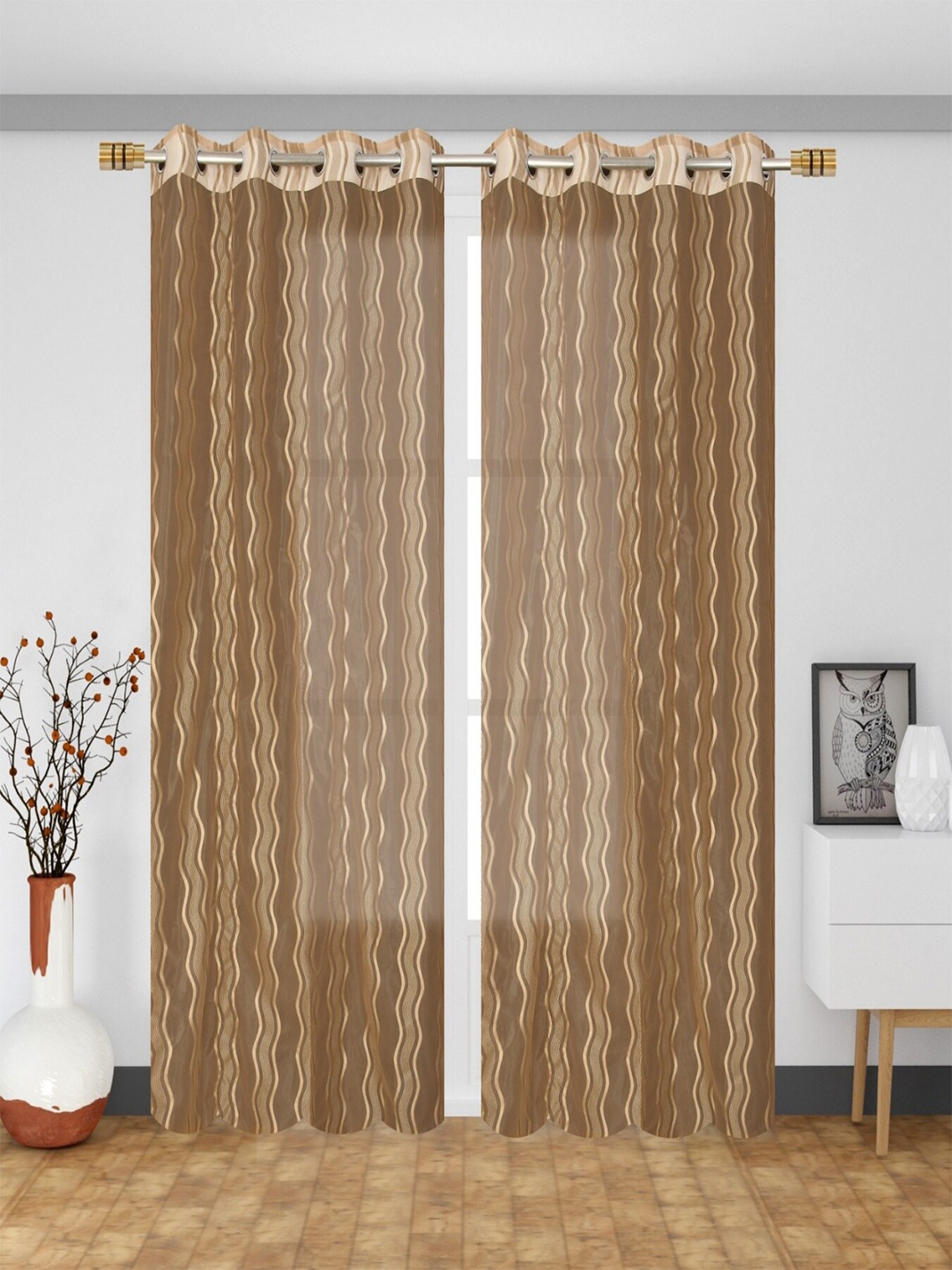

Homefab India Wavenet Camel Brown & Gold-Toned 2 Pieces Self Design Sheer Window Curtains