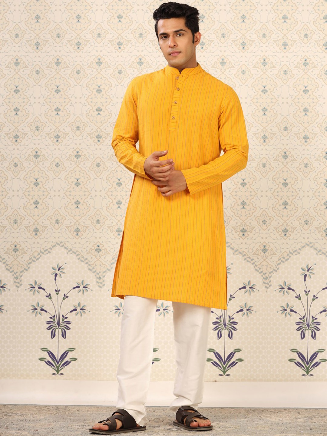 

Ode by House of Pataudi Striped Regular Pure Cotton Kurta With Trousers, Mustard