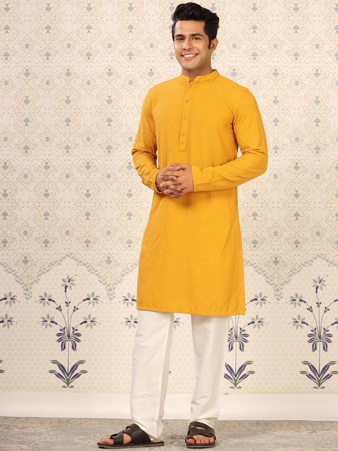 

House of Pataudi Self Design Regular Kurta With Trousers, Mustard