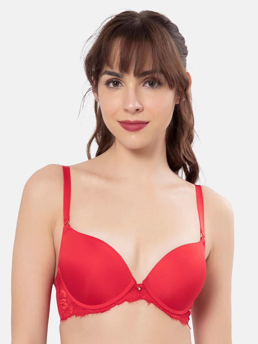 

Amante Heavily Padded Wired Medium Coverage Super Support Lace Push Up Bra All Day Comfort, Red