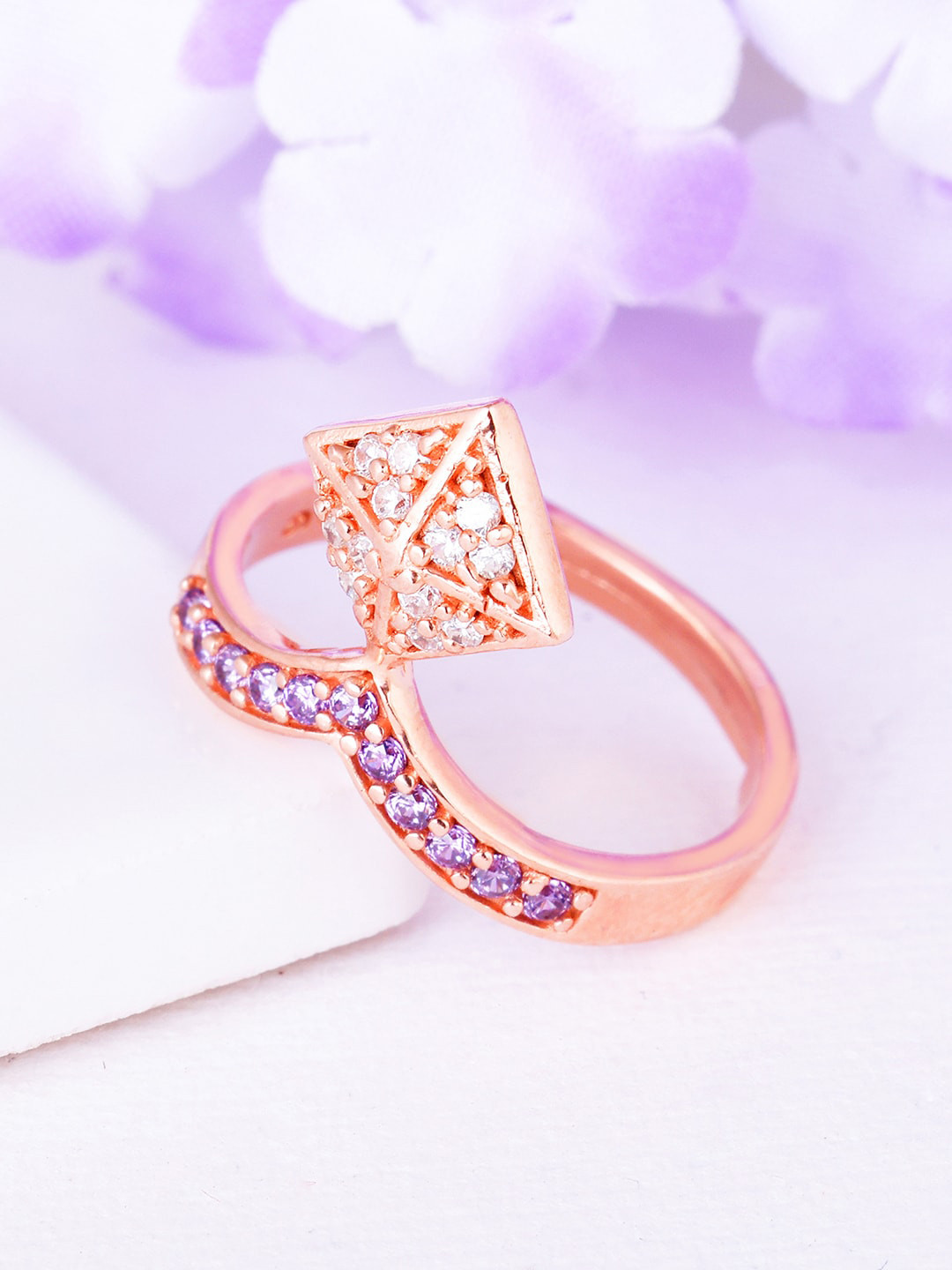 

GIVA 925 Sterling Silver Rose Gold-Plated CZ-Studded Adjustable Finger Ring