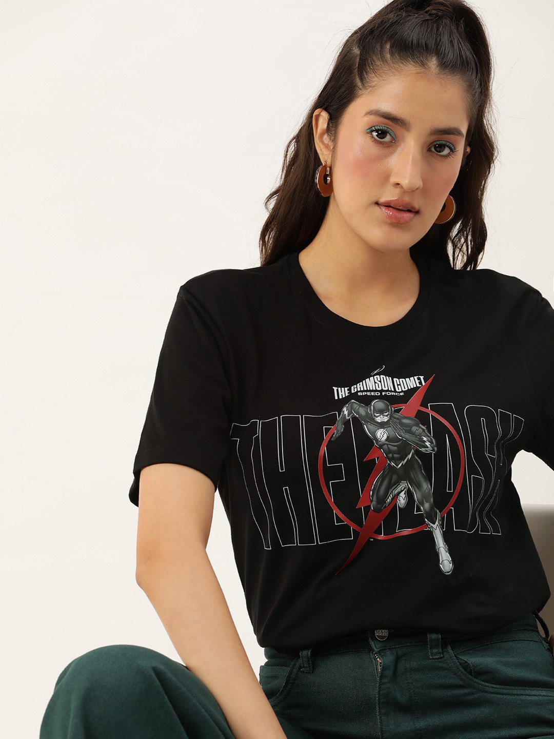 

DC by Kook N Keech Flash Printed Oversized Longline Pure Cotton T-shirt, Black