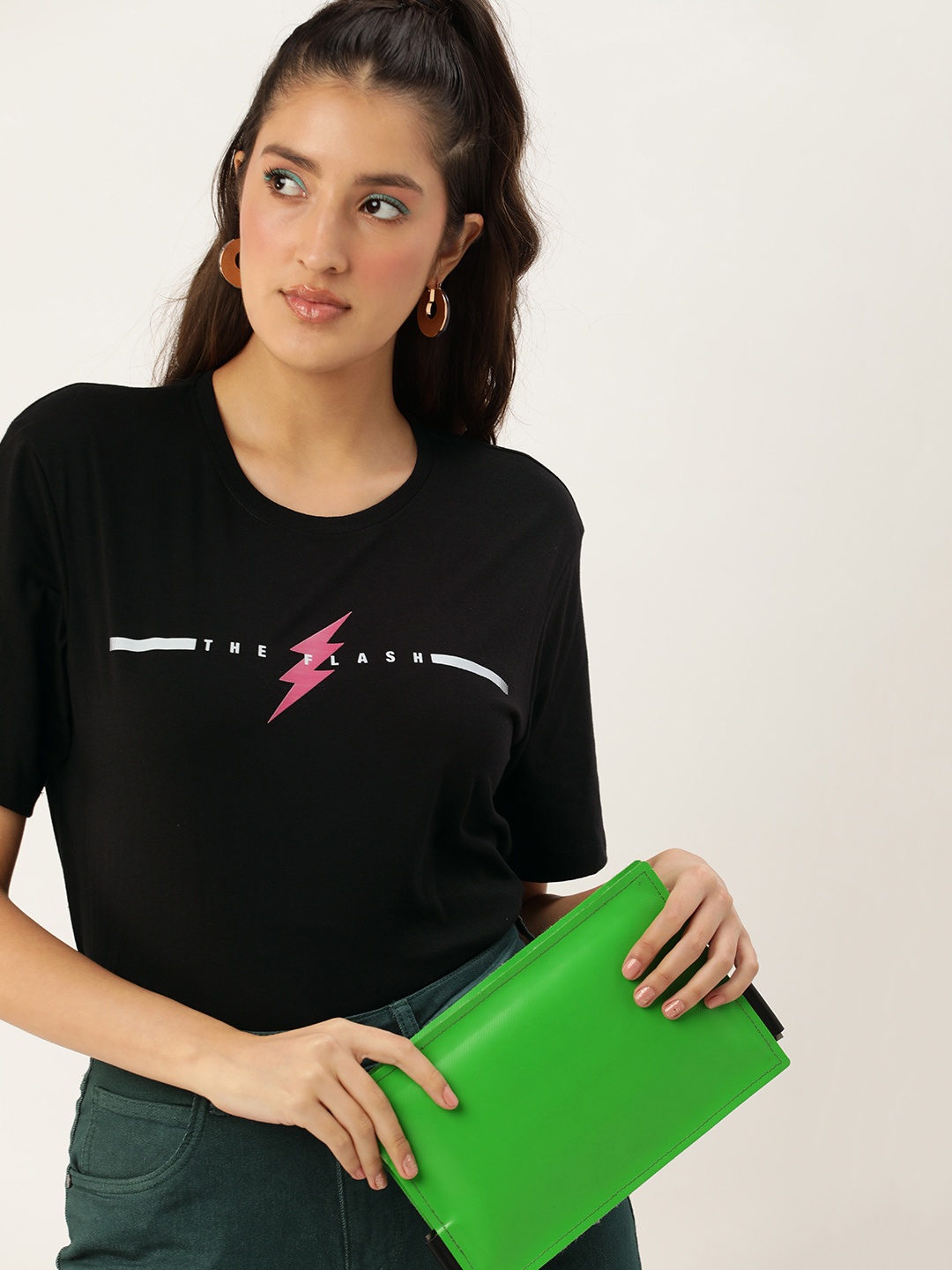 

DC by Kook N Keech Flash Printed Oversized Longline Pure Cotton T-shirt, Black