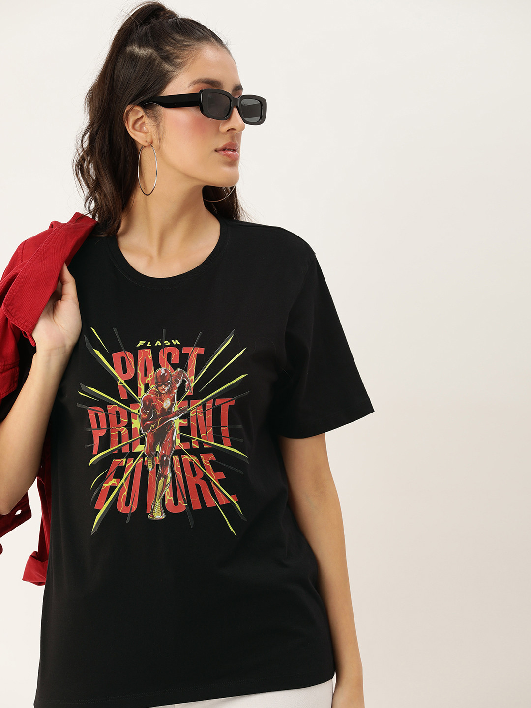 

DC by Kook N Keech Flash Printed Oversized Longline Pure Cotton T-shirt, Black