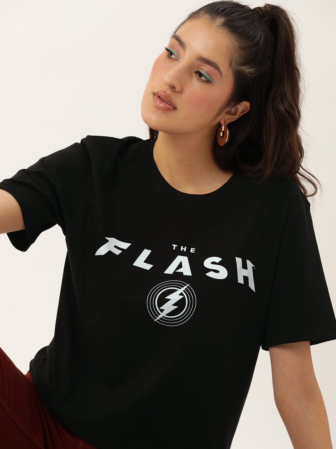 

DC by Kook N Keech Flash Printed Oversized Longline Pure Cotton T-shirt, Black