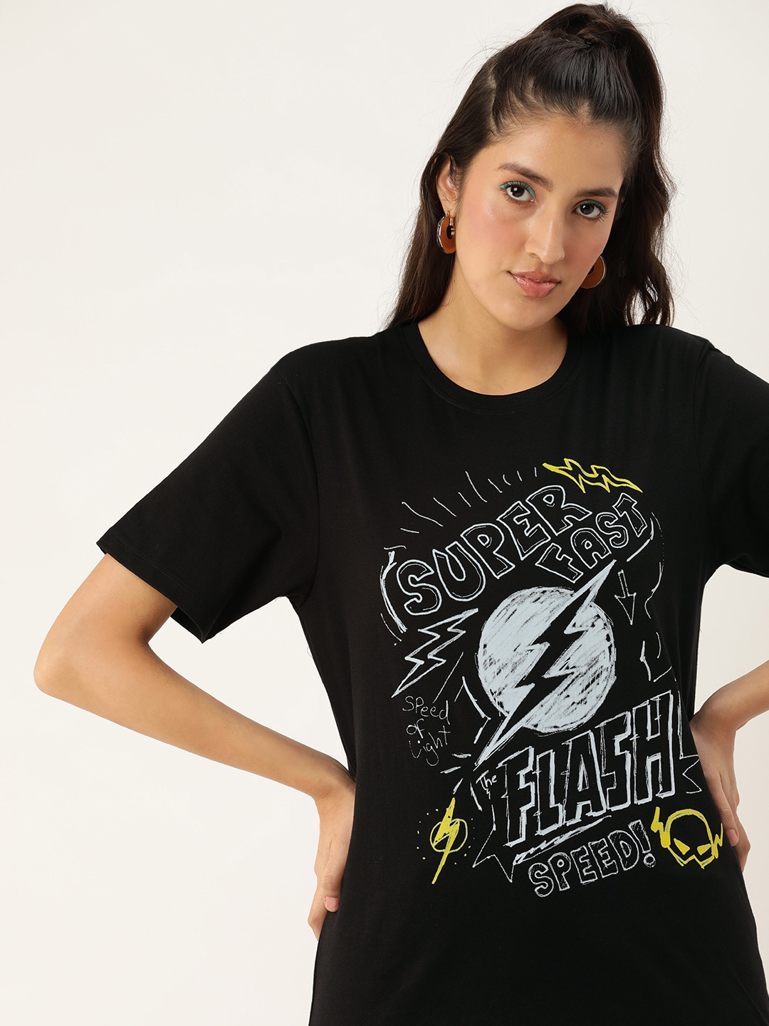 

DC by Kook N Keech Flash Printed Oversized Longline Pure Cotton T-shirt, Black