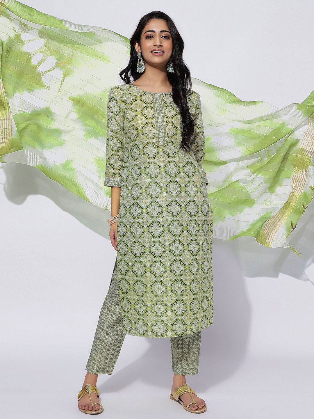 

KALINI Ethnic Motifs Printed Kurta With Trousers & With Dupatta, Green
