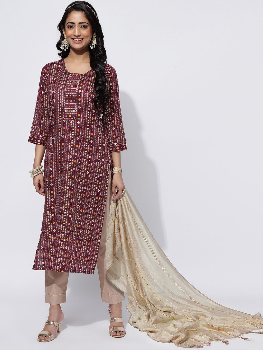 

KALINI Geometric Printed Kurta With Trousers & Dupatta, Maroon