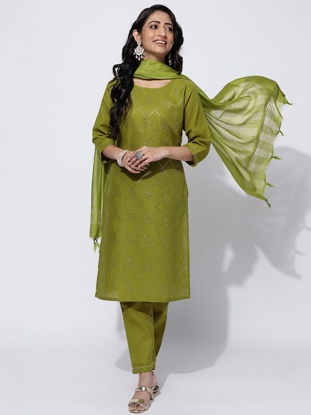 

KALINI Ethnic Motifs Printed Kurta With Trousers & Dupatta, Olive