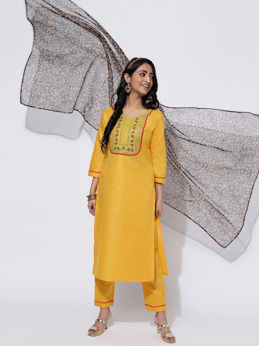 

KALINI Ethnic Motifs Embroidered Yoke Design Kurta With Trousers & Dupatta, Mustard