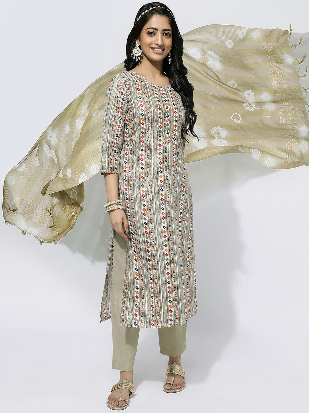 

KALINI Geometric Printed Kurta With Trousers & Dupatta, Beige