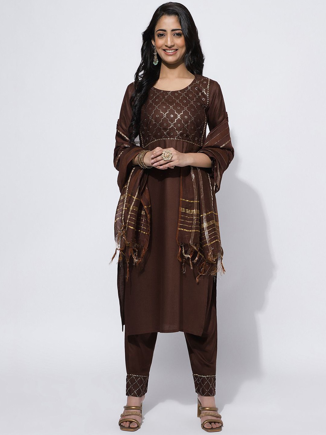 

KALINI Ethnic Motifs Embroidered Yoke Design Kurta With Trousers & Dupatta, Brown