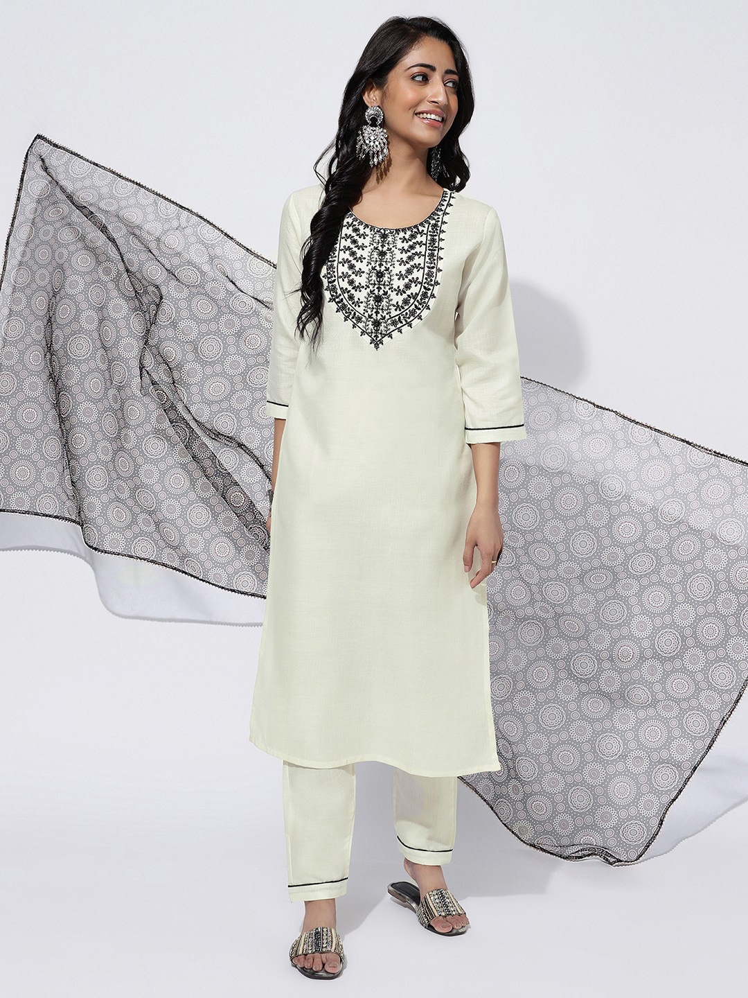 

KALINI Ethnic Motifs Embroidered Yoke Design Kurta With Trousers & Dupatta, Cream