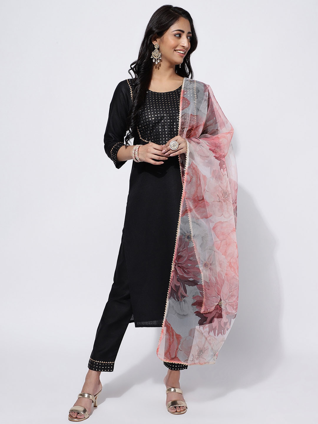 

KALINI Ethnic Motifs Embroidered Yoke Design Kurta With Trousers & Dupatta, Black