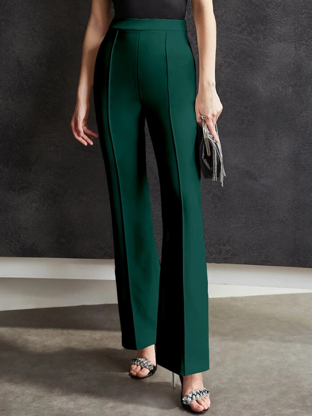 

Fashion Booms Women High-Rise Bootcut Trousers, Green