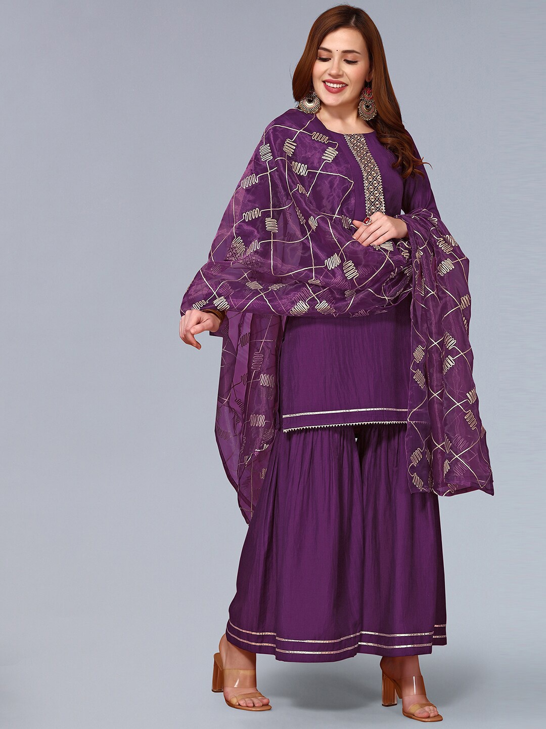 

KALINI Thread Work Kurta With Sharara & With Dupatta, Purple