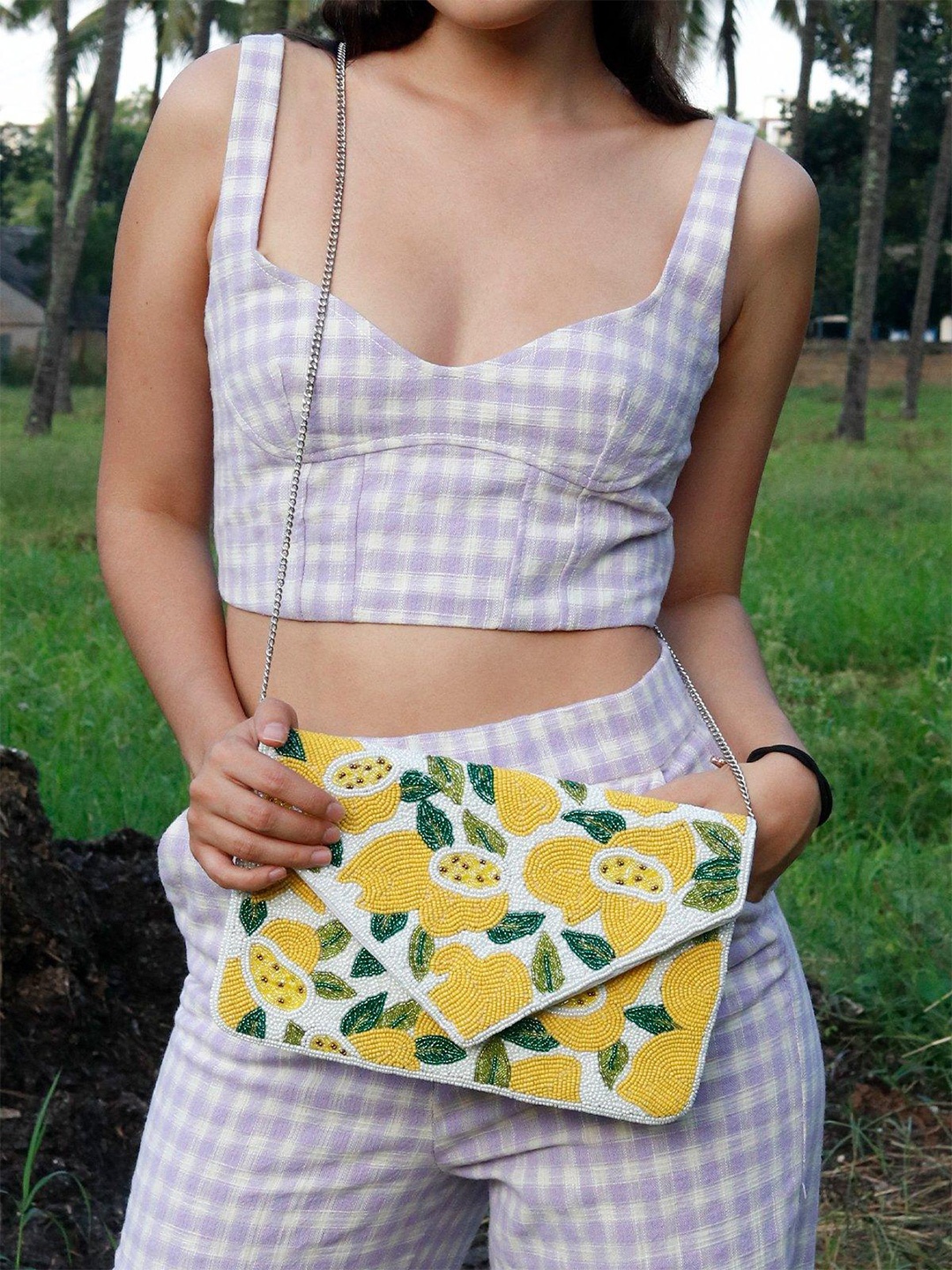 

ODETTE Embellished Envelope Clutch, Yellow