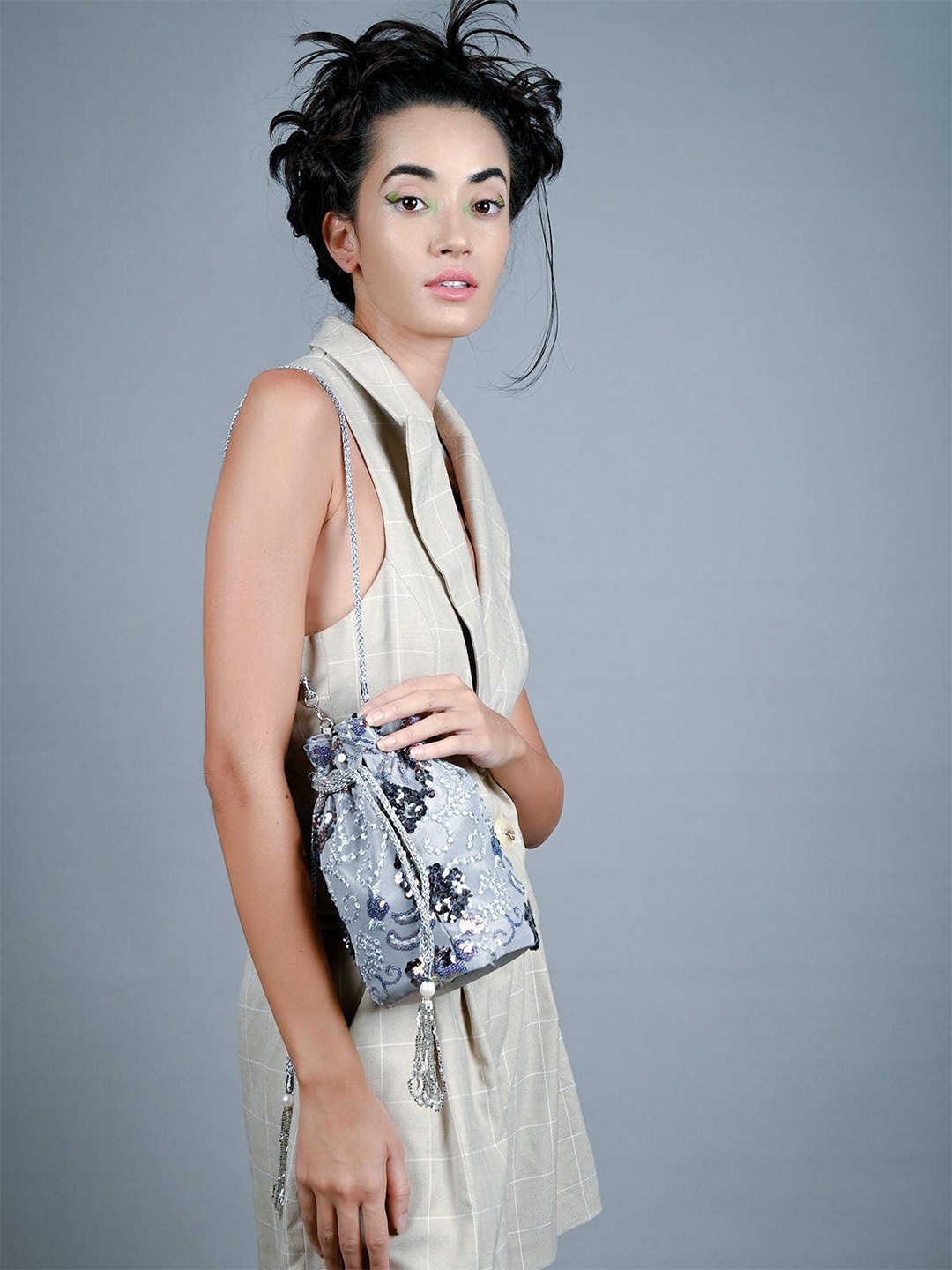 ODETTE Embellished Potli Clutch, Grey