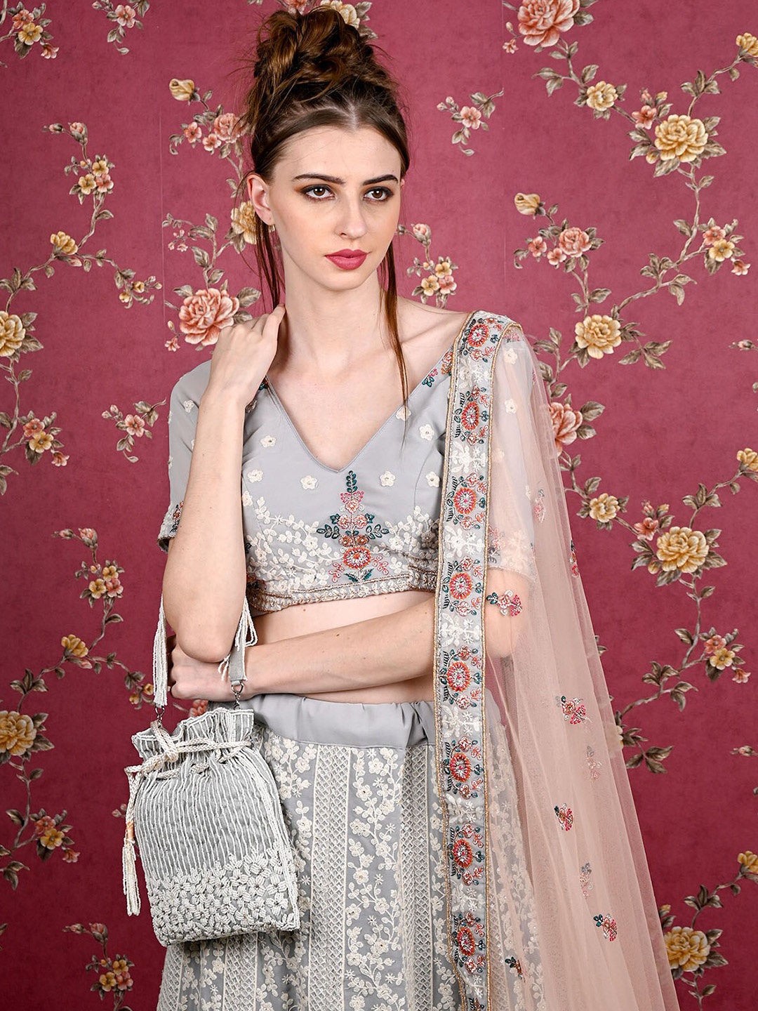 ODETTE Embellished Potli Clutch, Grey