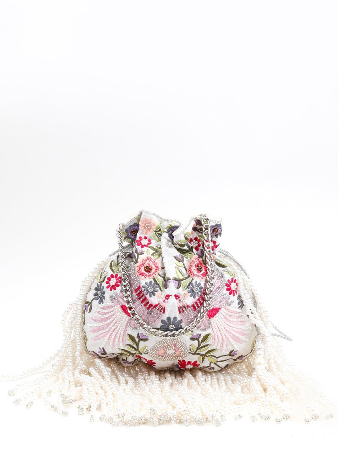 

ODETTE Floral Embellished Potli Clutch With Wrist Loop, White