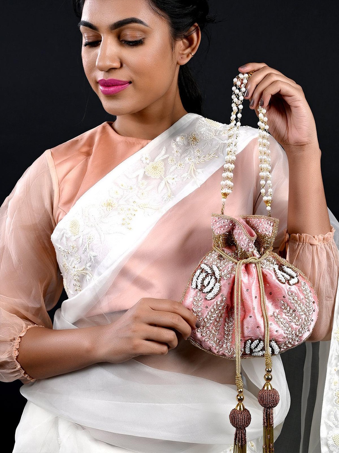 ODETTE Embellished Potli Clutch, Pink