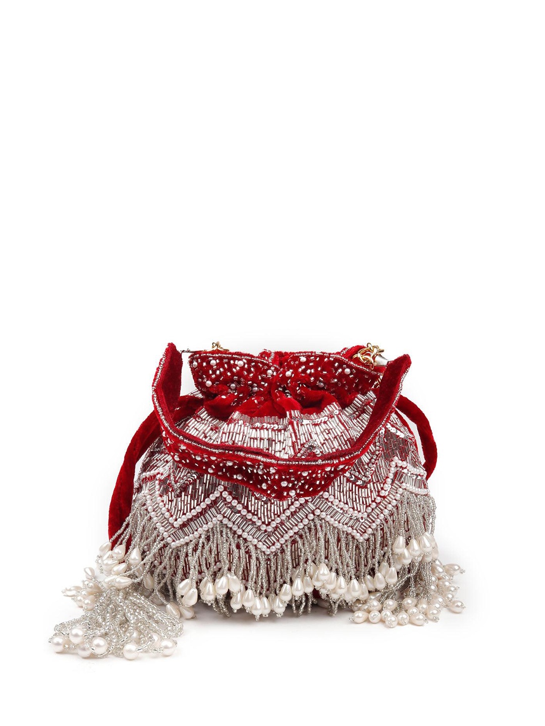 

ODETTE Wrist Loop Embellished Potli Clutch, Red