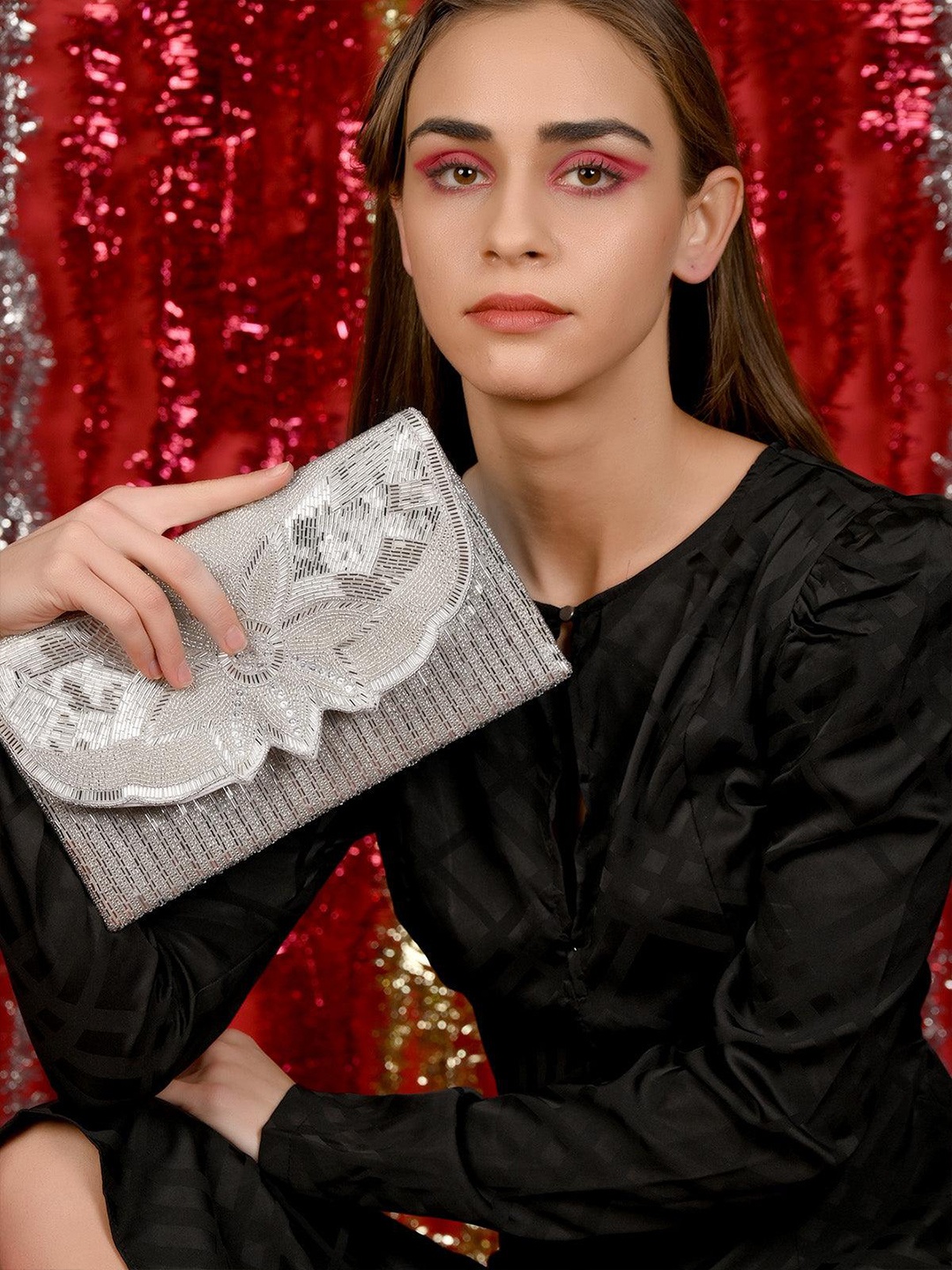 

ODETTE Embellished Envelope Clutch, White