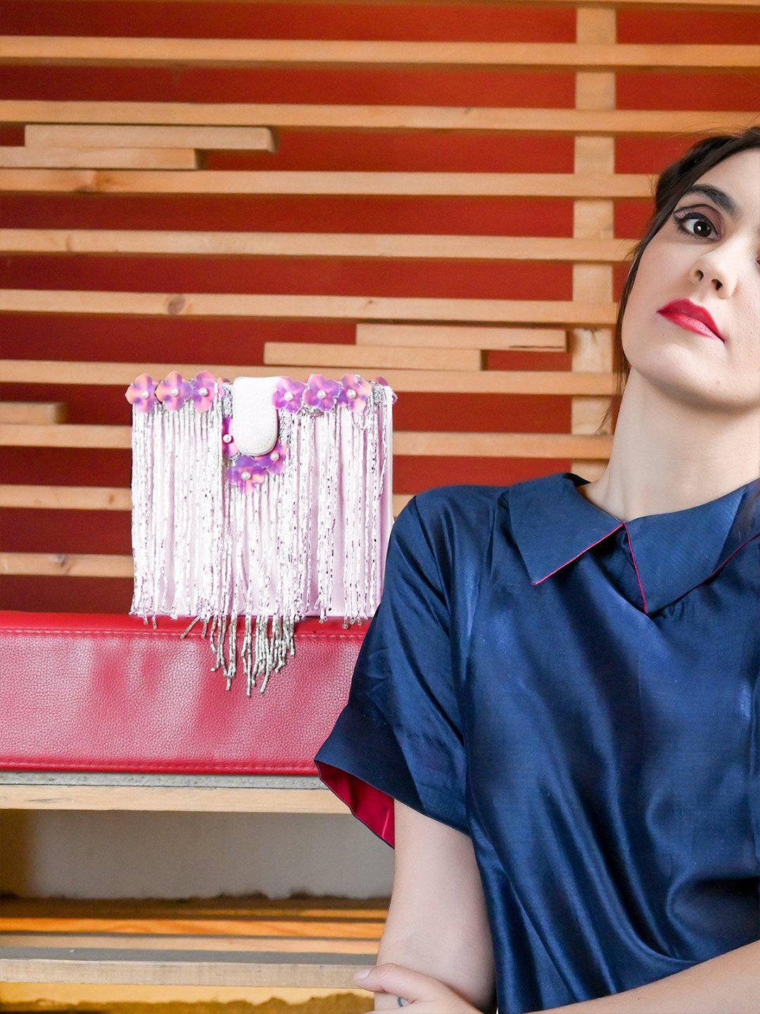 

ODETTE Embellished Fringed Box Clutch, Pink