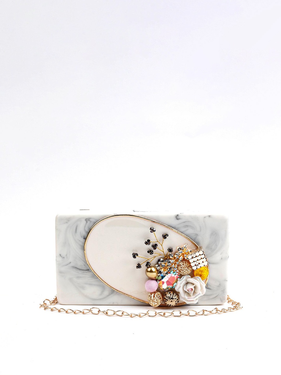ODETTE Embellished Resin Box Clutch, Off white